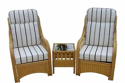 Sorrento Cane Conservatory Furniture Duo Set-2 Chairs+Side Table-Striped Cushion • £499