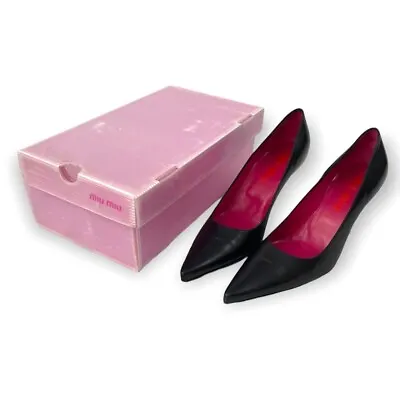 Miu Miu Black Pointed-toe Leather Pumps Kitten Hee Shoes Uk 7.5 Eu 40.5 Box • £90