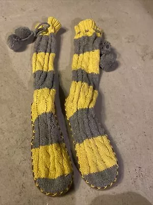 Victorias Secret Love Pink Mukluks Yellow Grey Knit Tall Pom Slippers Medium 7-8 • $32.49