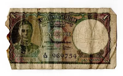 1941 British Ceylon Banknote 1 Rupee George VI A13 969754 China Bay Stamp • £0.99