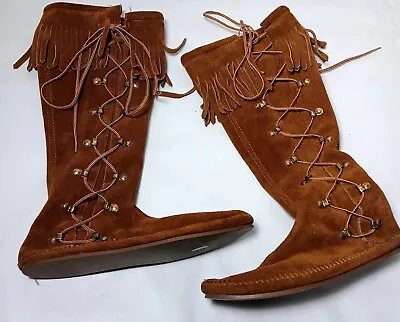 Minnetonka Moccasin Boots Womens 8 Tall Fringe Brown Suede Leather Gold Lace Up • $42.49