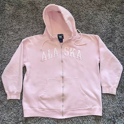 Vintage Alaska Hoodie Womens Medium Pink Full Zip Embroidered Sweatshirt Y2K 90s • $28.99