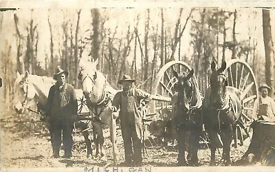 Postcard RPPC C-1910 Michigan Logging Wheel Lumberjacks 23-2284 • $29.99
