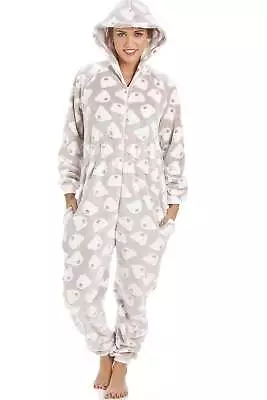 £32.99 • Buy Camille Womens All In One - Warm Cosy Hooded One Piece | Beige Bear Print