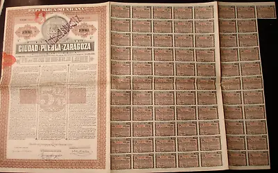 Mexico 1907 Ciudad Puebla Zaragoza 1000 Pesos State Bond Loan Stock Certificate • $29.99