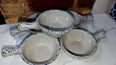 5 Vtg Monmouth USA Maple Leaf Pottery Crock Handled Soup Bowls Blue Sponge Paint • $29.95