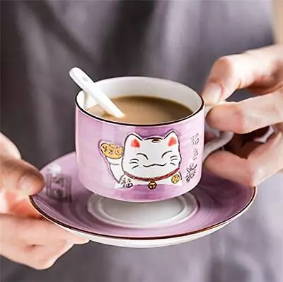 5 Colors Handcraft Lucky Cat Maneki Neko Ceramic Tea Cups Mugs Dish Spoon 3pcs  • $20.70