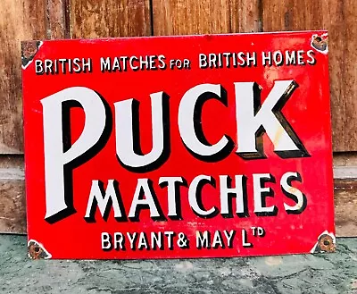 Rare Vintage Porcelain Puck Matches 14 X 9 Inches Advertising Enamel Sign • $45