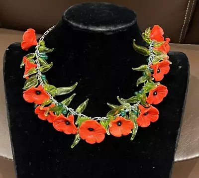 Vintage Fabulous Venetian Glass Red Flower Necklace • $65