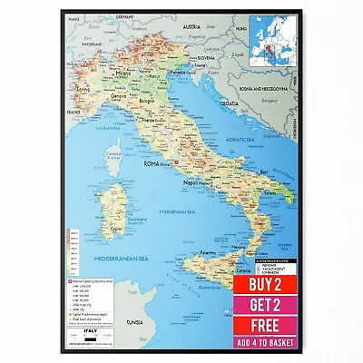 Map Of Italy Poster Educational Travel Tourism Physical Style Map Poster - A5-a3 • £3.99