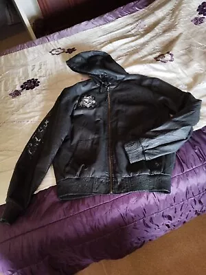 Mens Ed Hardy Hooded Leather Jacket Size Large Black Used • £19