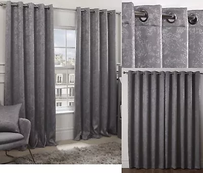 Luxury Damask Blackout Curtains Thermal Eyelet Ring Top 66x90  Silver Grey New • £31.94