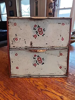 Vintage Mid Century 2 Door Tin Bread Box Pie Safe Metal Vented Red Floral • $24.95