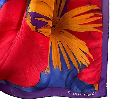 Vintage Ellen Tracy Bold Floral 100% Silk Chiffon Scarf Red  - Oblong 48  X 15  • $22.95