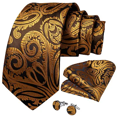 New Mens Luxury Gold Paisley Tie Silk Woven Classic Necktie Set Cufflinks  • £10.99