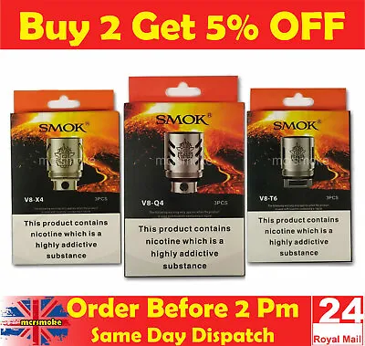 SMOK TFV8 COILS CLOUD BEAST V8 Q4 X4 T6 T8 T10 Replacement Coil Pack Of 3 UK • £4.75