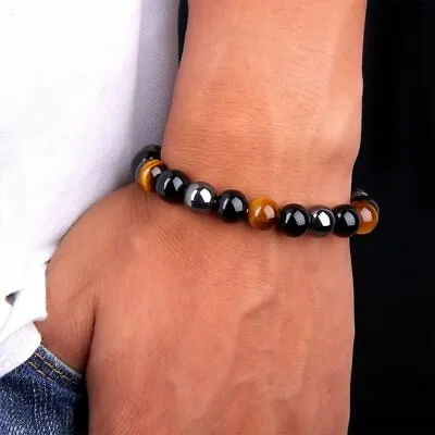 Natural Hematite Magnetic Black Obsidian Tiger Eye Beaded Bracelets Men Women • £2.85