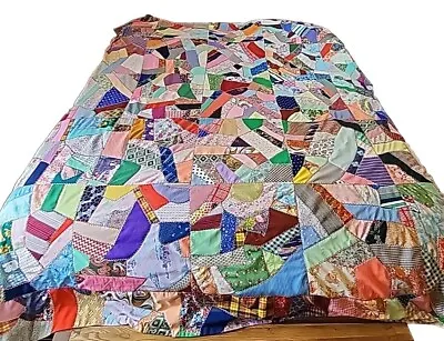 Crazy Patchwork Homemade Quilt King/Queen Bed 94 X86” Colorful Retro Vtg Mod  • $134.49