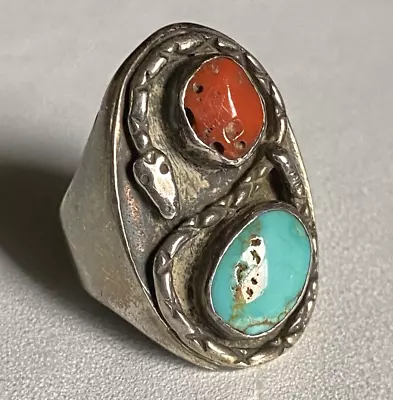 Old Vintage “ZUNI” Jason & Pearl Ukestine Sterling Turquoise & Coral Snake Ring  • $145