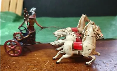 Vintage Painted Lead Chariot 4 White Horses & Roman Centurion W Staff Red Cape • $103.55
