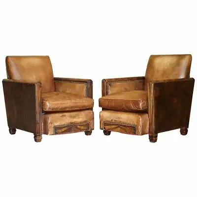 Antique Pair Of Metropolitan Art Deco 1920 Hand Dyed Brown Leather Armchairs • $7579.50