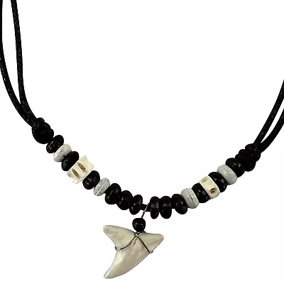 Shark Tooth Pendant Necklace Wood Beads Chain Mens Womens Boys Girls Jewellery • £4.99