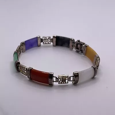 Vintage Sterling Silver Chinese Character Link Jade Multi Colored Jade Bracelet • $14.08