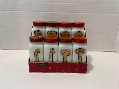 Vintage Griffith's Milk Glass Spice Jars Red Metal Tops Set Of 8 W/ Holder • $21.99