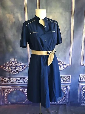 Vintage Navy Blue W Beige Piping Waitress Shirt Dress LARGE Sash Tie Utilitarian • $68.90