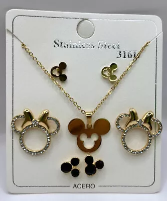 Stainless Steel Gold-tone Jewelry Mickey Mouse Pendant Necklace & 3 Earring Set! • $16.74