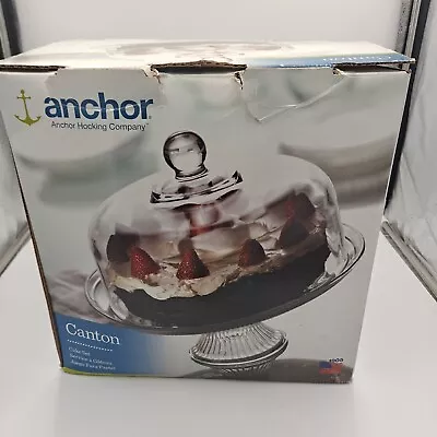 Anchor Hocking Canton Glass Punch Bowl Cake Set Plate Stand Dome Cover DUAL USE • $34.99