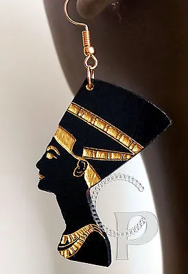 Laser Cut  Wooden Earrings Queen Nefertiti Silhouette In Black And Gold  Large  • $20.56