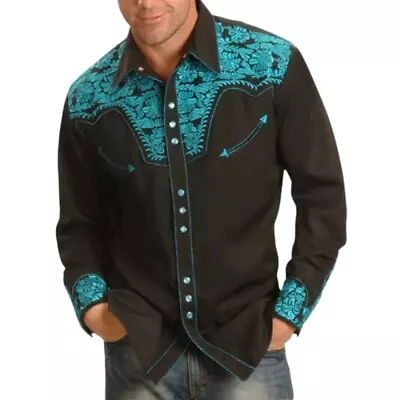 Mens Western Long Sleeve Shirts Casual Slim Button Down Dress Shirt Blouse-Tops • $17.52