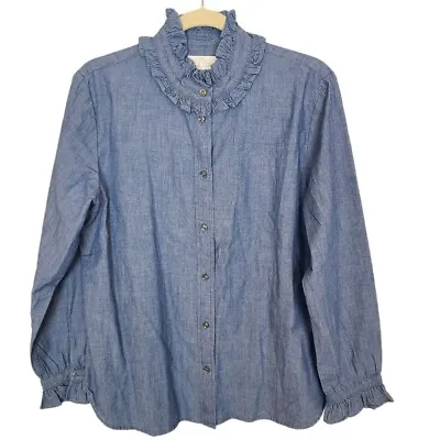 J. Crew Womens 10 Blue Blossom Wash Chambray Ruffle Neck Classic Fit Shirt • $39.99