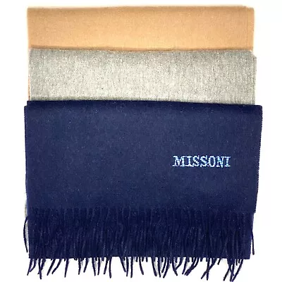 MISSONI Mens Womens Wool Fringe Scarf Blue Logo Navy Gray Beige • $28.99