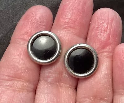 Vintage Silver Tone Round Cufflinks With Round Smooth Black Stone • $8