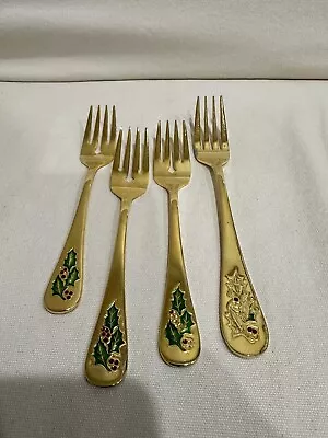 Holly Berry Flatware Gold Tone Dinner Salad Fork Set Of 4 Japan Christmas Host • $19.95