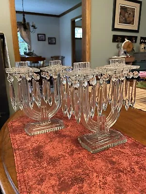 Vintage Pair Of Art Deco Glass Double Candelabra With Hanging Prisms  1930’s Era • $200