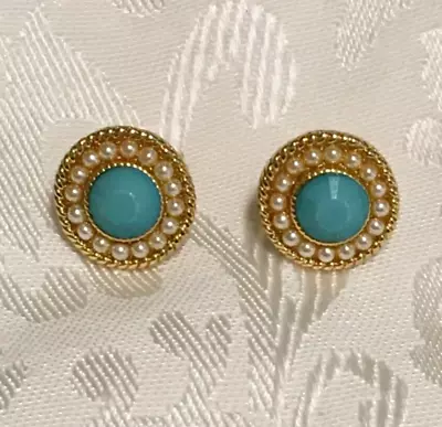 Vintage Monet Faux Turquoise Stone Clip On Earrings Gold Tone Signed • $17.85