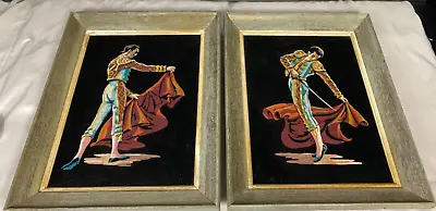 Mid Century Pair Of Black Velvet Mod Retro Matador Bull Fighter Paintings • $99.96