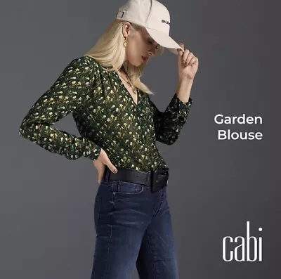 CAbi Garden Blouse Size Xl. Green Floral Print Long Sleeve Sheer Blouse Women’s  • $28