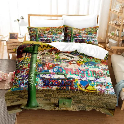 Doodle Graffiti Wall Painting Duvet Cover Quilt Cover Pillowcase Bedding Set • $56.69