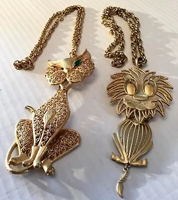 2 Vintage Gold Tone Articulated CAT W/Green Rhinestone Eyes Pendent Necklaces • $15.95