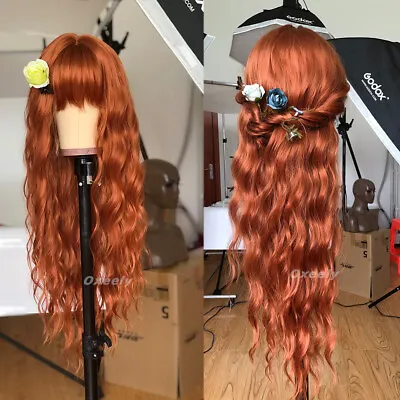 UK 24inch Cosplay Wig With Bangs Full Head Synthetic Hair Water Wavy Copper Red • £13.99