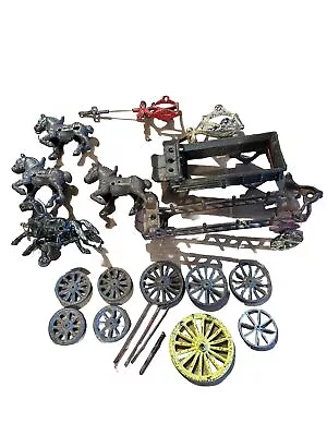 Lot Of Vintage Cast Iron & Metal Toy Fire Engine Wagons Horses Wheels Parts (e4) • $39.95