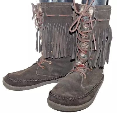 WOOLRICH Wool Lined MOCCASIN Boots Sz 6 US Brown Suede FRINGE Leather 9.5 Tall • $27.99