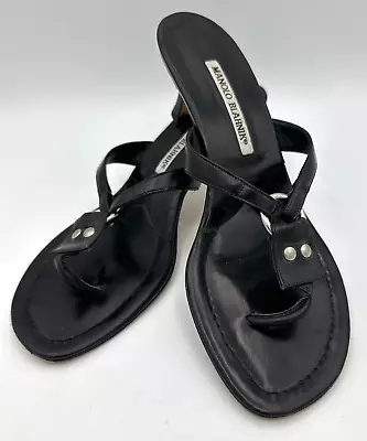 Manolo Blahnik Size 38 (EU) 7.5 (US) Black Leather Thong Kitten Heel Sandals • $119