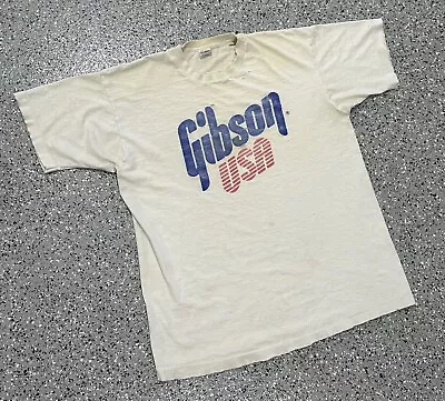 Vintage Gibson USA Guitars Single Stitch White T Shirt Mens Sz XL ~ Distressed • $49.99