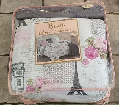 Queen Bed Blush Pink & White Paris French 12 Piece Comforter Set Marseille  • $79.99