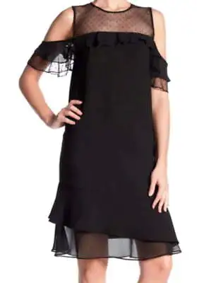 Nanette Lepore Mesh Yoke Dress 12 Large Black Cut Out Shoulders Ruffle Hem NWT • $75.65